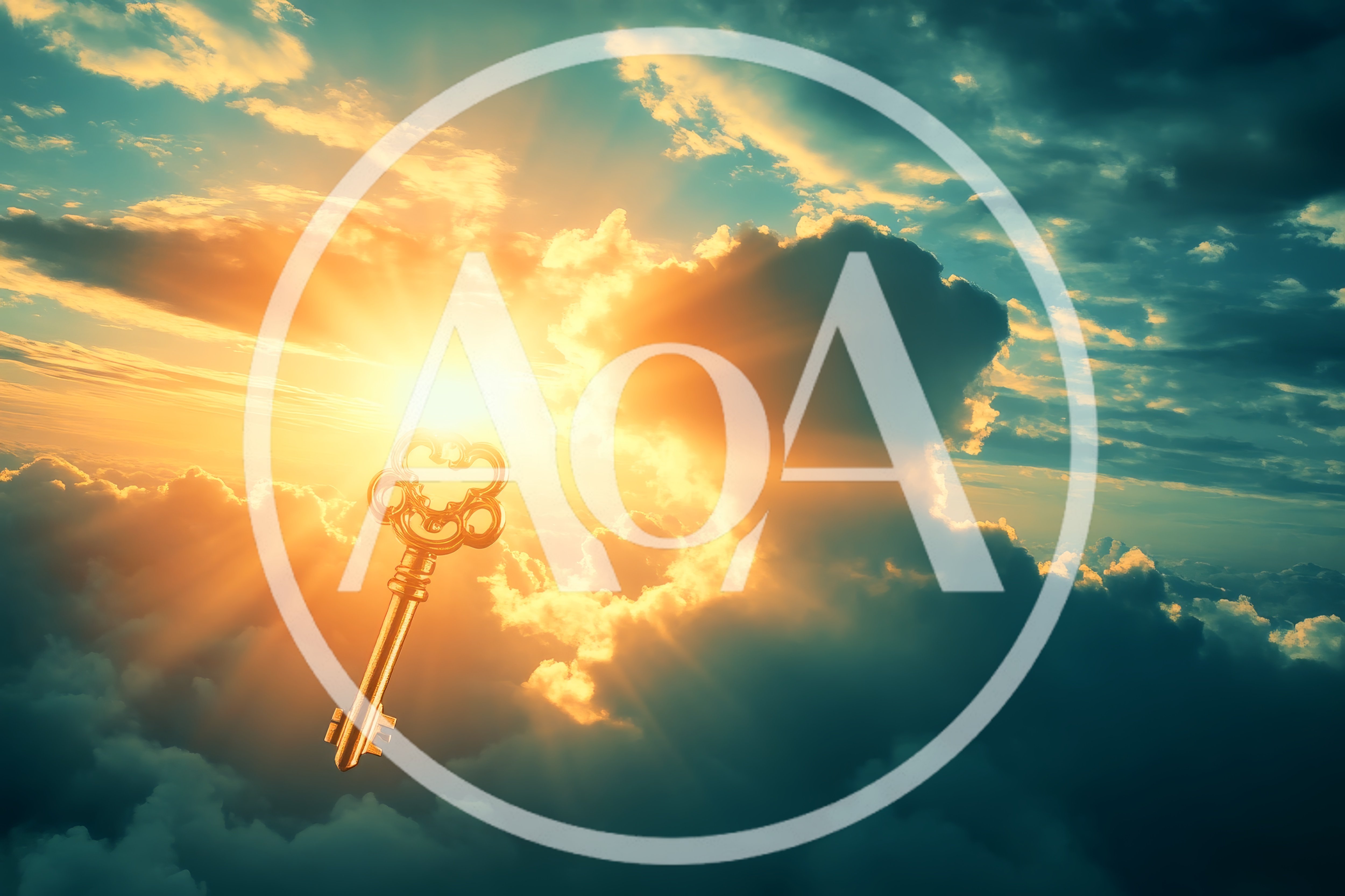 Golden Key Floating Above Clouds At Sunset
