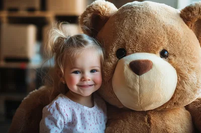 A little girl and a huge teddy bear cuddling.