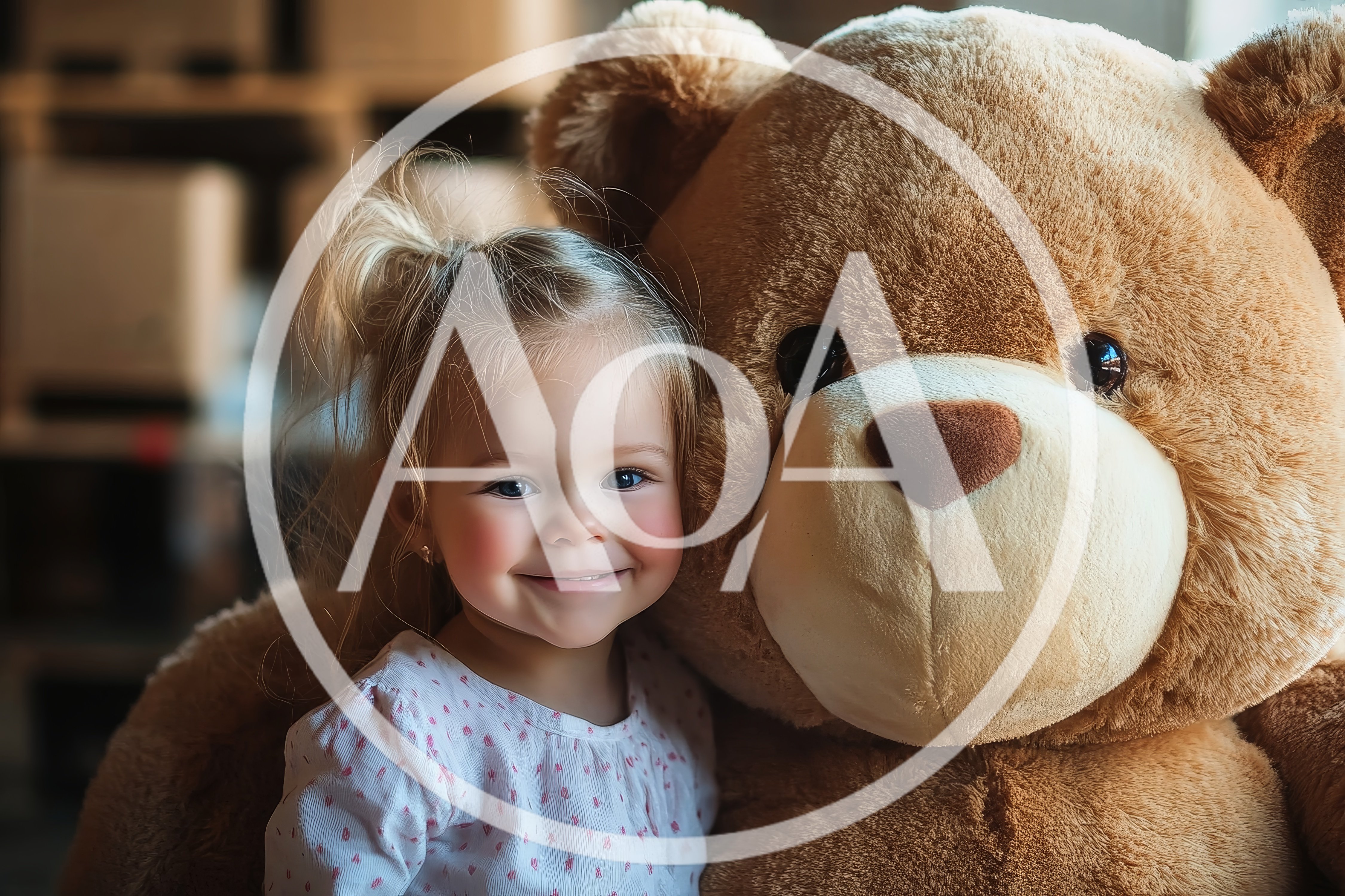 A little girl and a huge teddy bear cuddling.