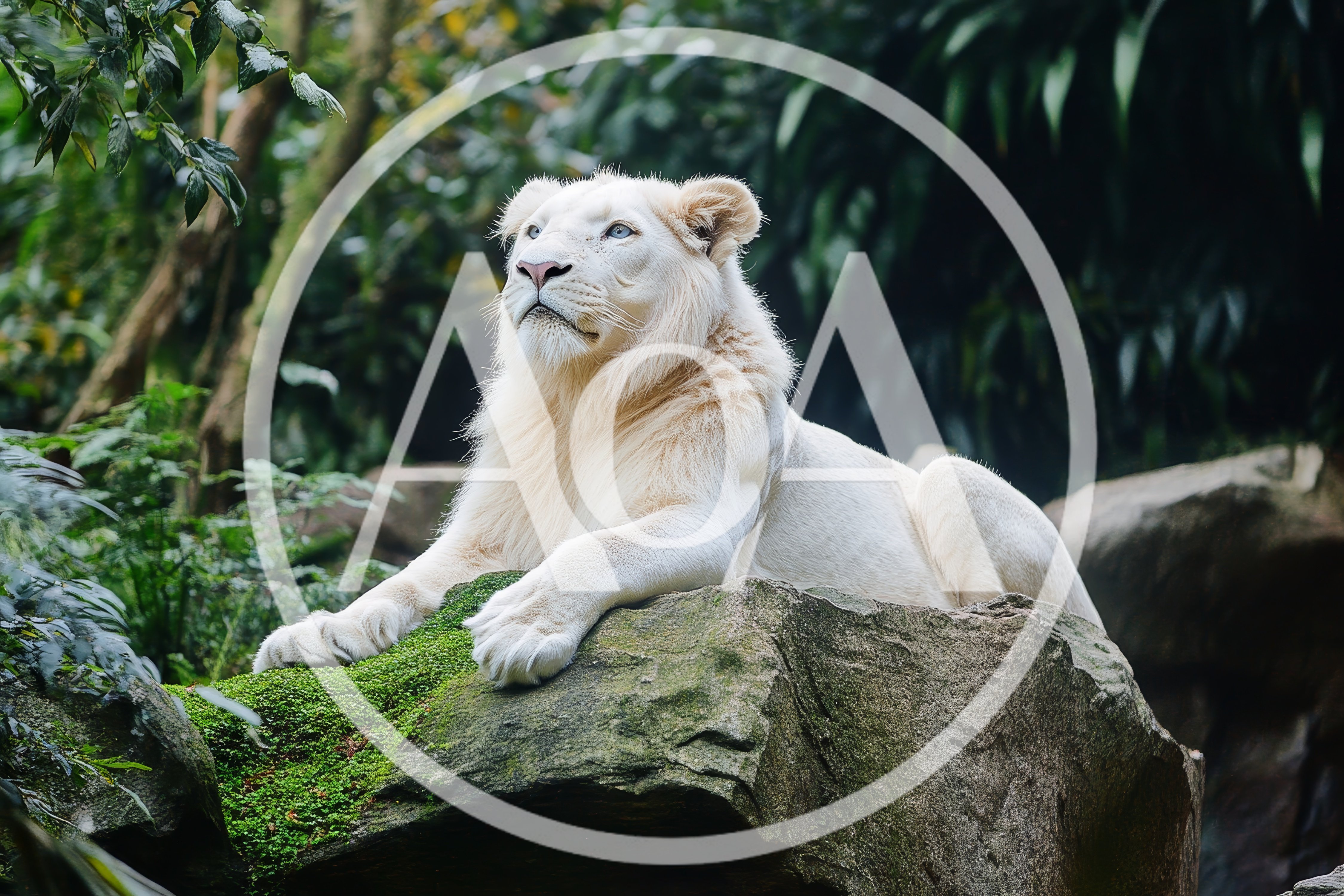 Majestic White Lion Resting On A Mossy Rock