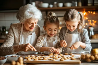 Grandmother and Granddaughters Baking Cookies Together