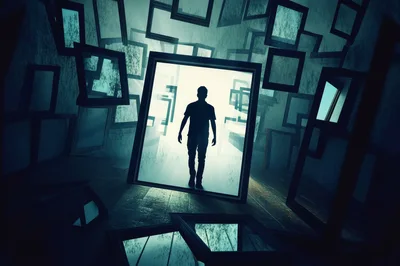 Silhouette Of A Man Walking Through A Floating Frame
