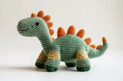 Handmade Crocheted Dinosaur Toy On White Background