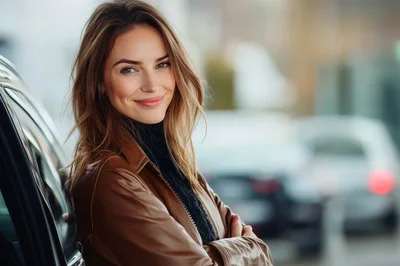 Smiling Woman Leaning Against A Car