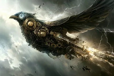 Mechanical Steampunk Raven Flying Through Stormy Skies