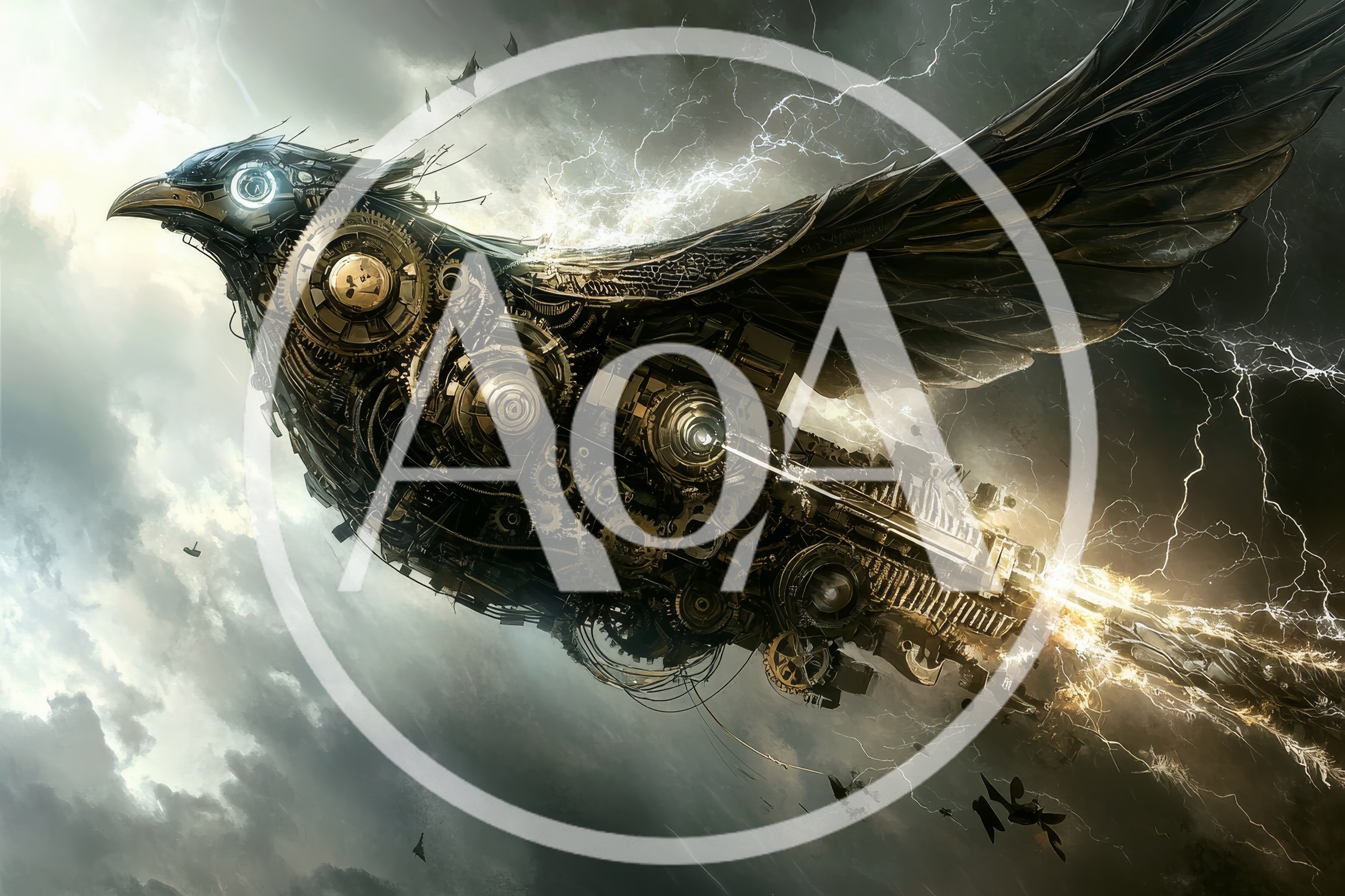 Mechanical Steampunk Raven Flying Through Stormy Skies