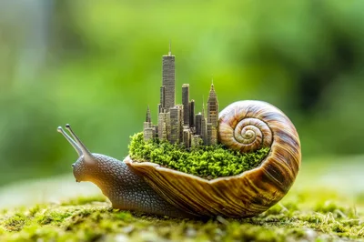 Surreal Snail Carrying A Miniature City On Its Shell