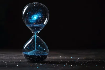 Cosmic Hourglass With Glowing Galaxy Sand