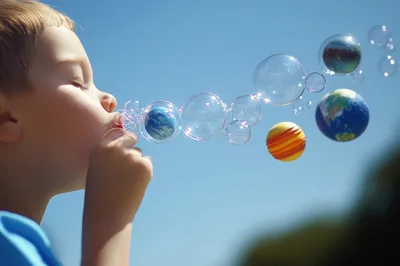 Young Boy Blowing Bubbles Containing Planets