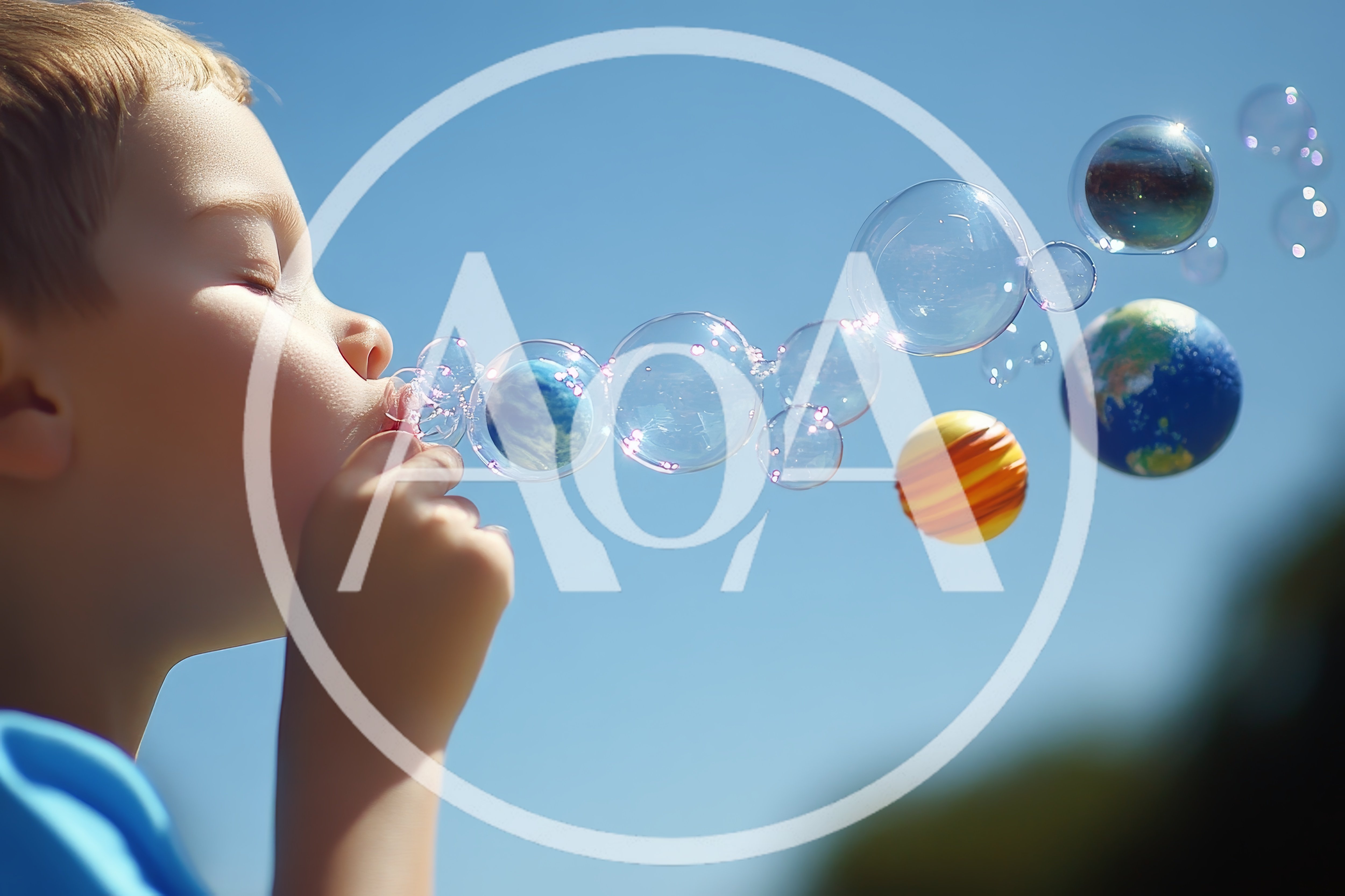 Young Boy Blowing Bubbles Containing Planets