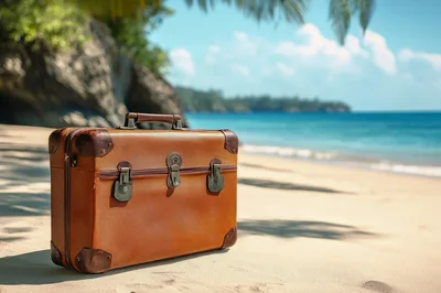 Vintage Brown Suitcase Resting On A Tropical Beach