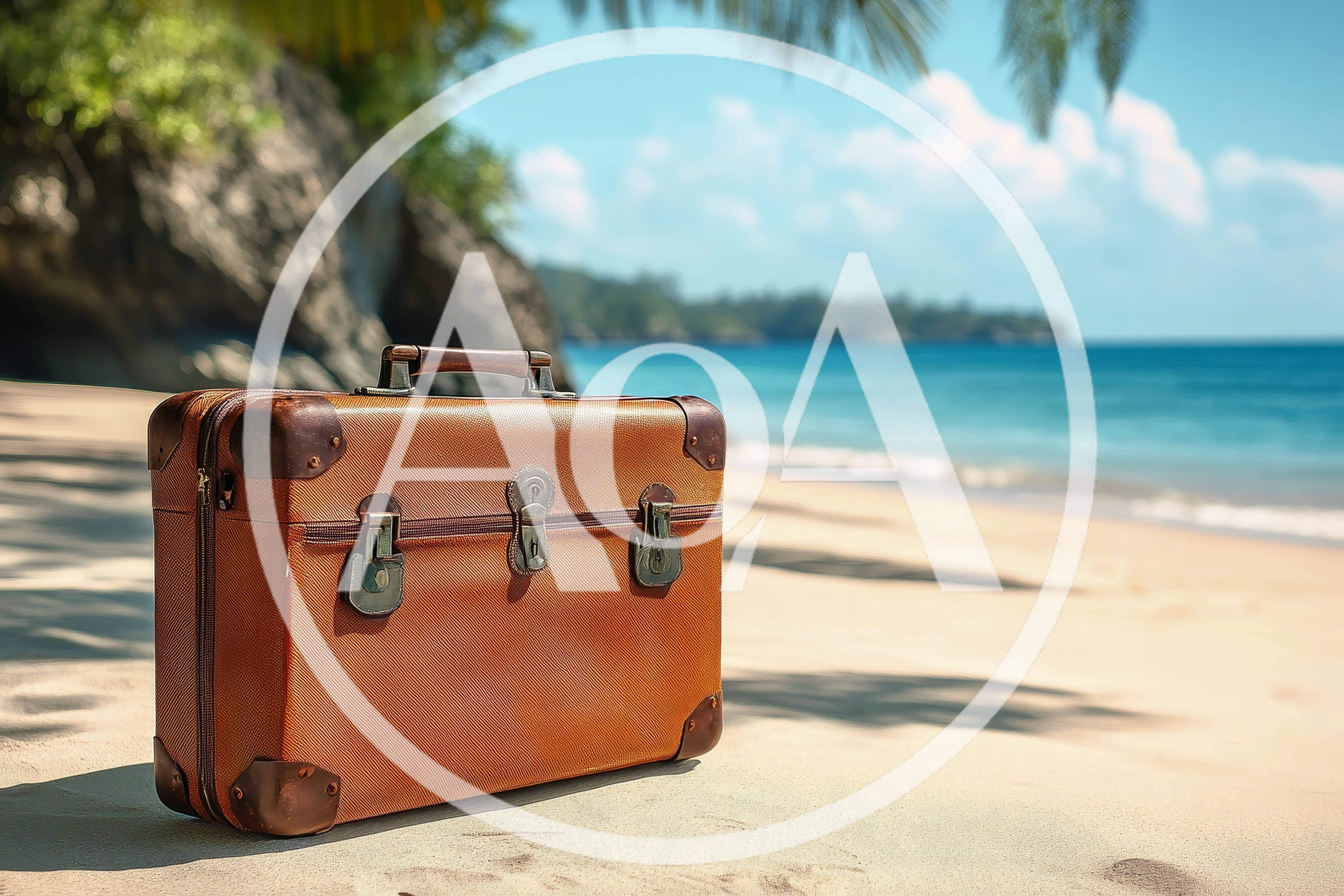 Vintage Brown Suitcase Resting On A Tropical Beach