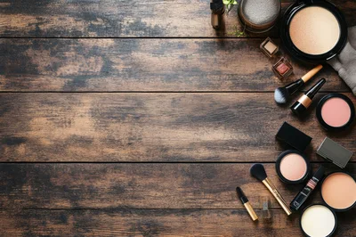 Makeup Products Arranged on Rustic Wooden Table