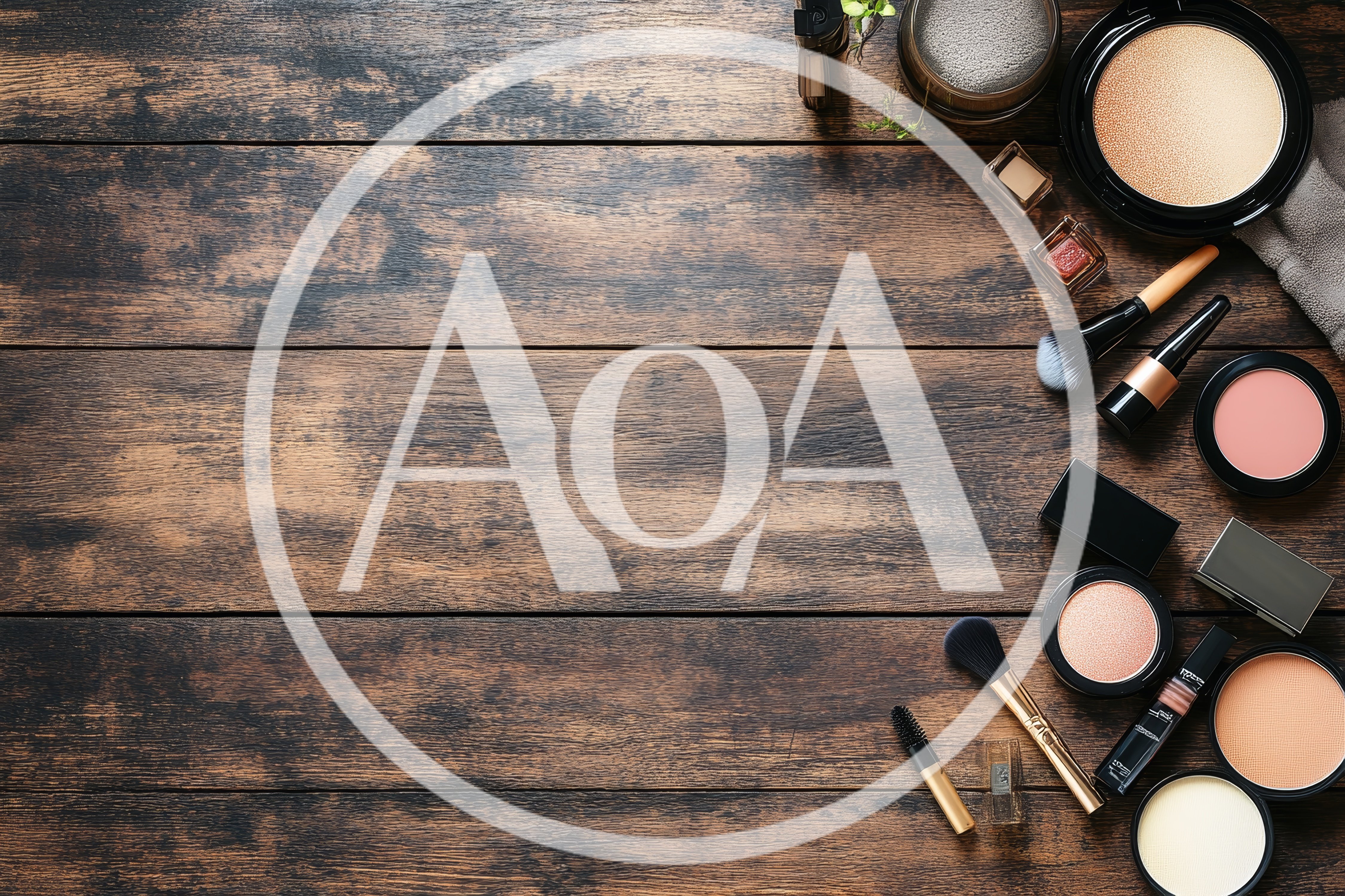 Makeup Products Arranged on Rustic Wooden Table