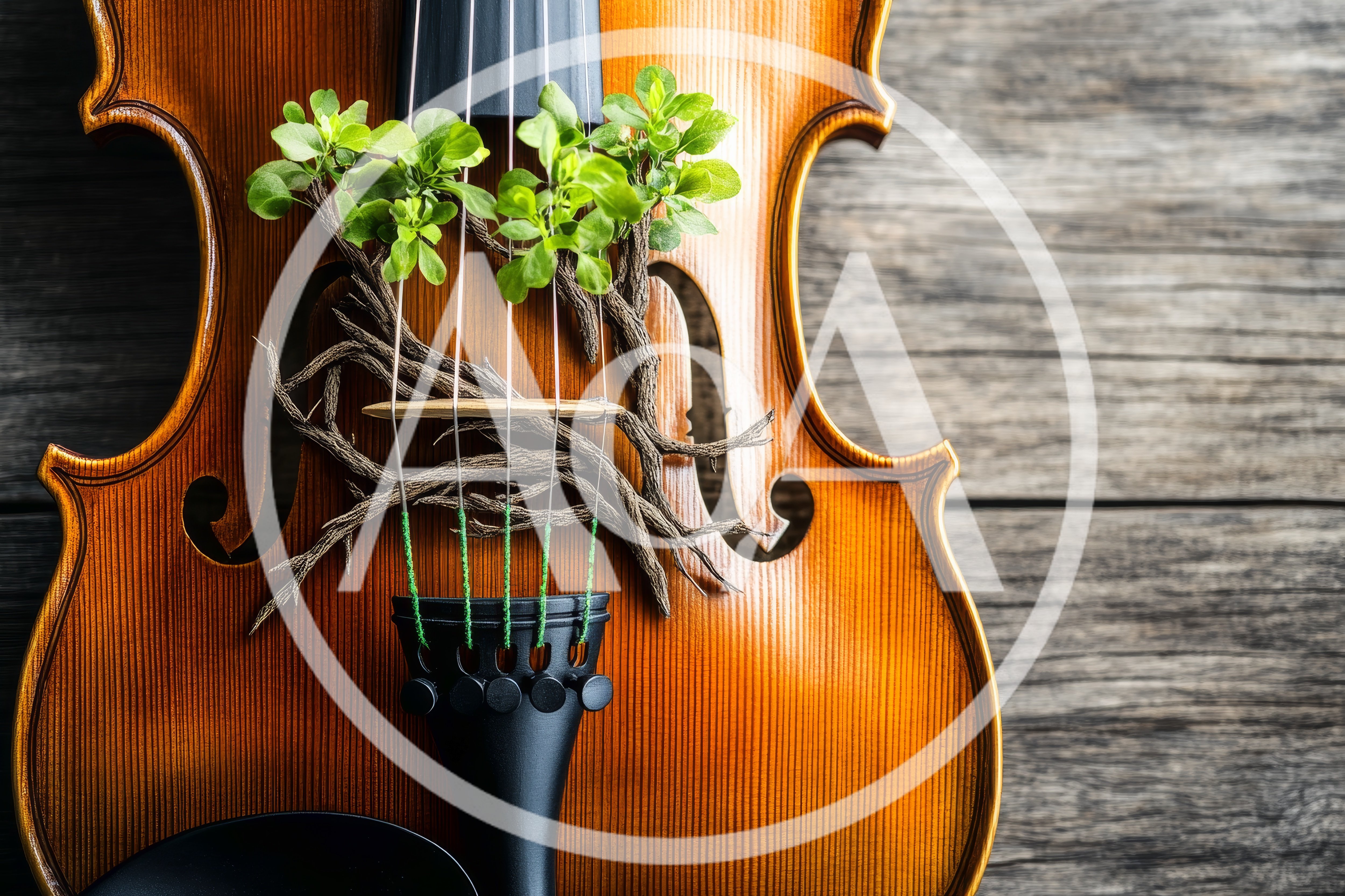 Violin With Tree Roots And Green Leaves Growing