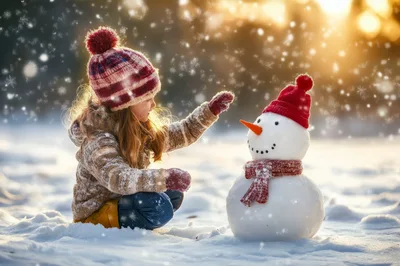 A kid is building a snowman in wintertime.