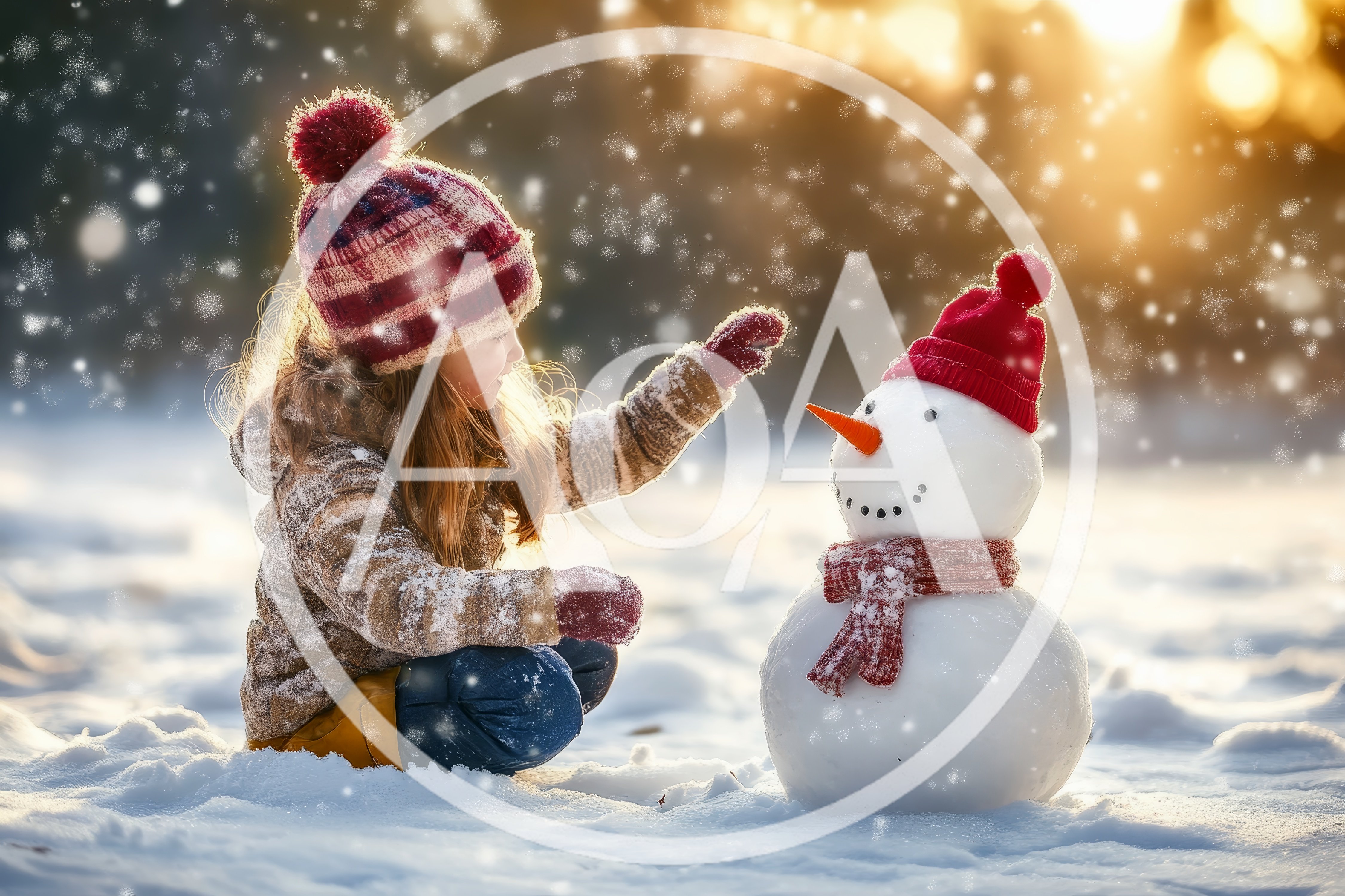 A kid is building a snowman in wintertime.