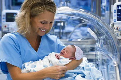 Nurse Holding Newborn Baby In Hospital Neonatal Unit