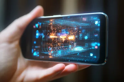 Hand Holding Smartphone Displaying Futuristic Digital Data Visualization