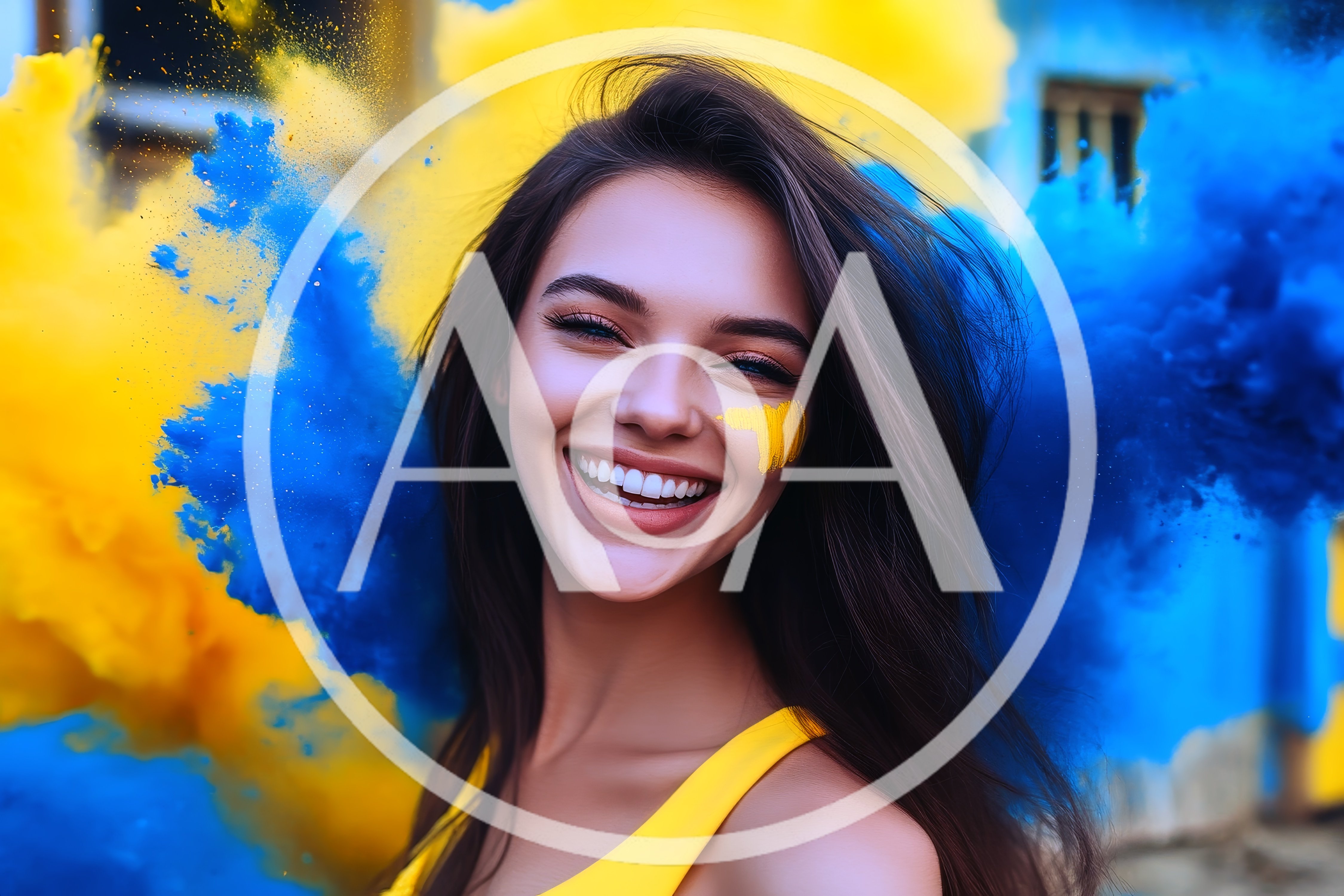 Young Woman Smiling Amidst Blue And Yellow Smoke
