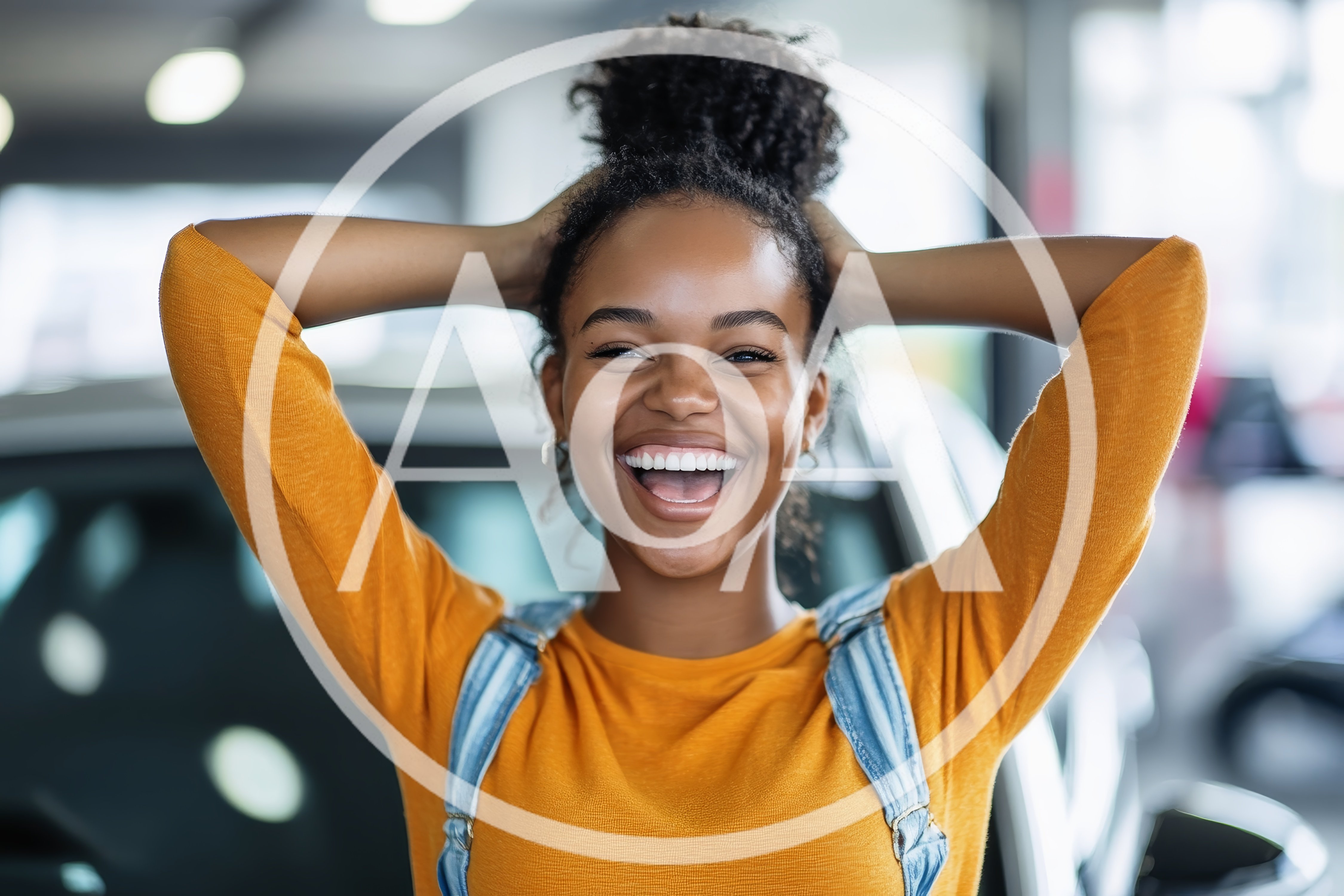 Joyful Young Woman Celebrating In A Car Dealership