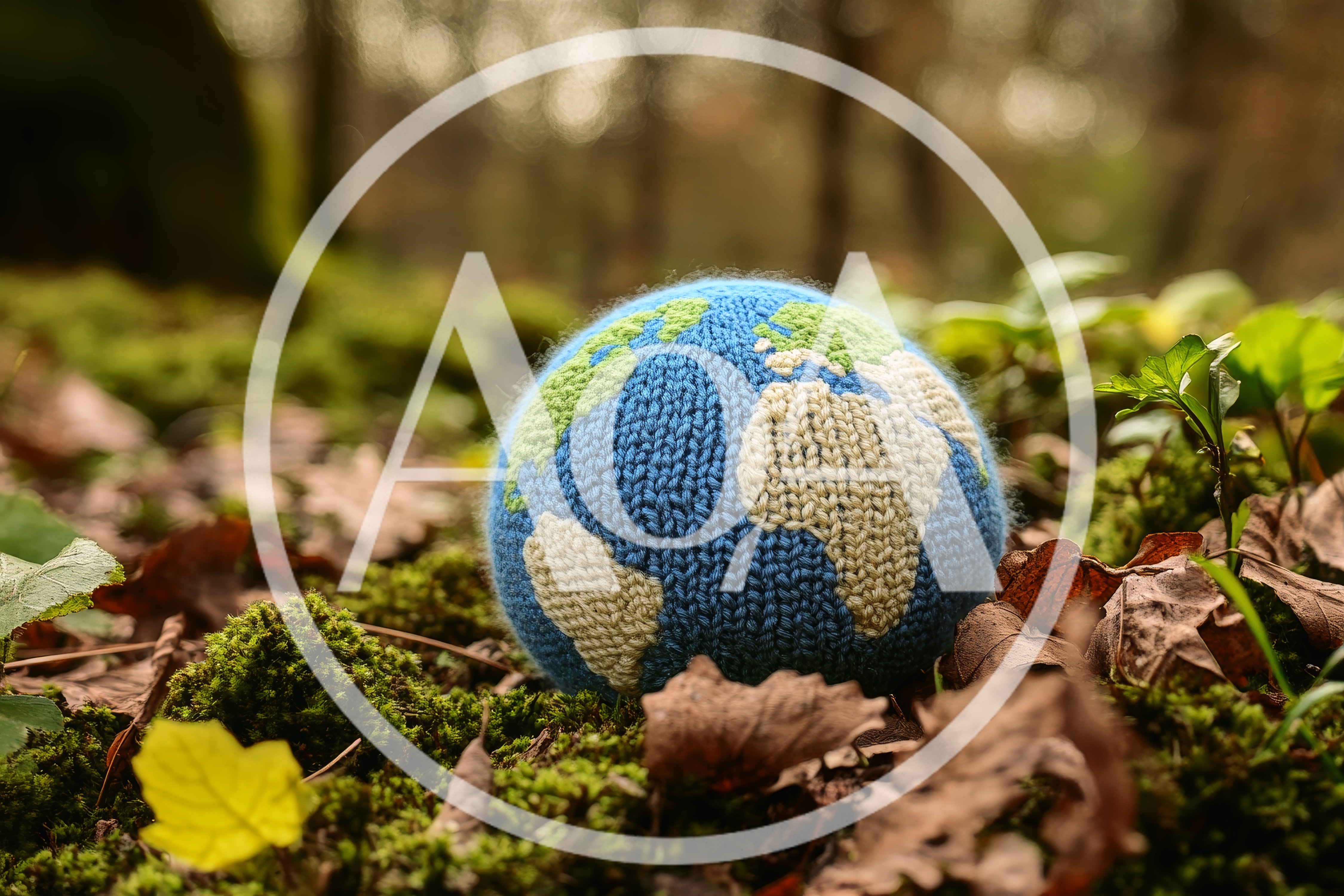 Knitted Earth Globe Resting On Forest Floor