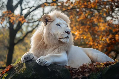 Majestic White Lion Resting On A Mossy Rock
