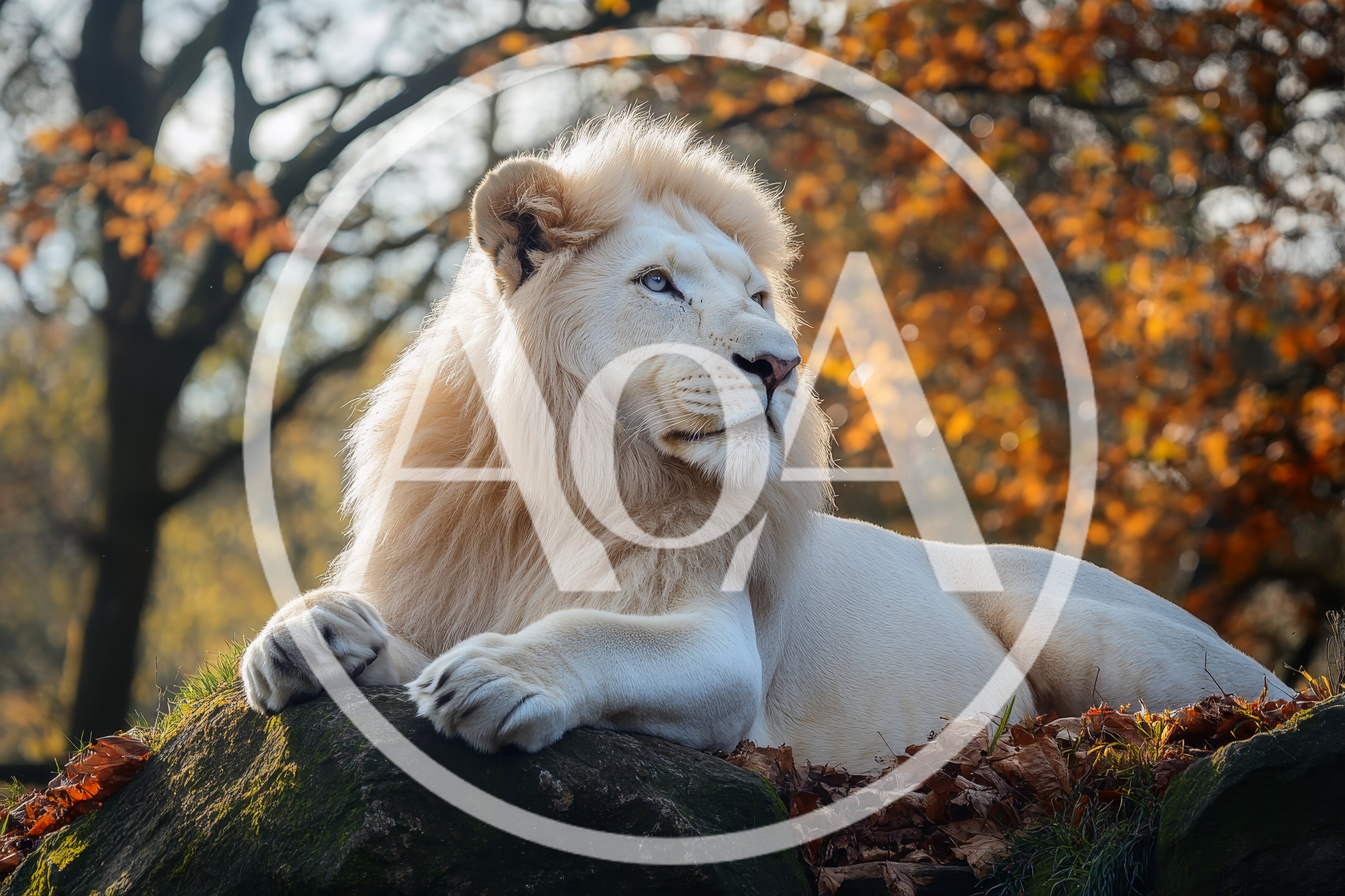 Majestic White Lion Resting On A Mossy Rock