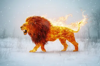 Fiery Lion Walking Through A Snowy Landscape