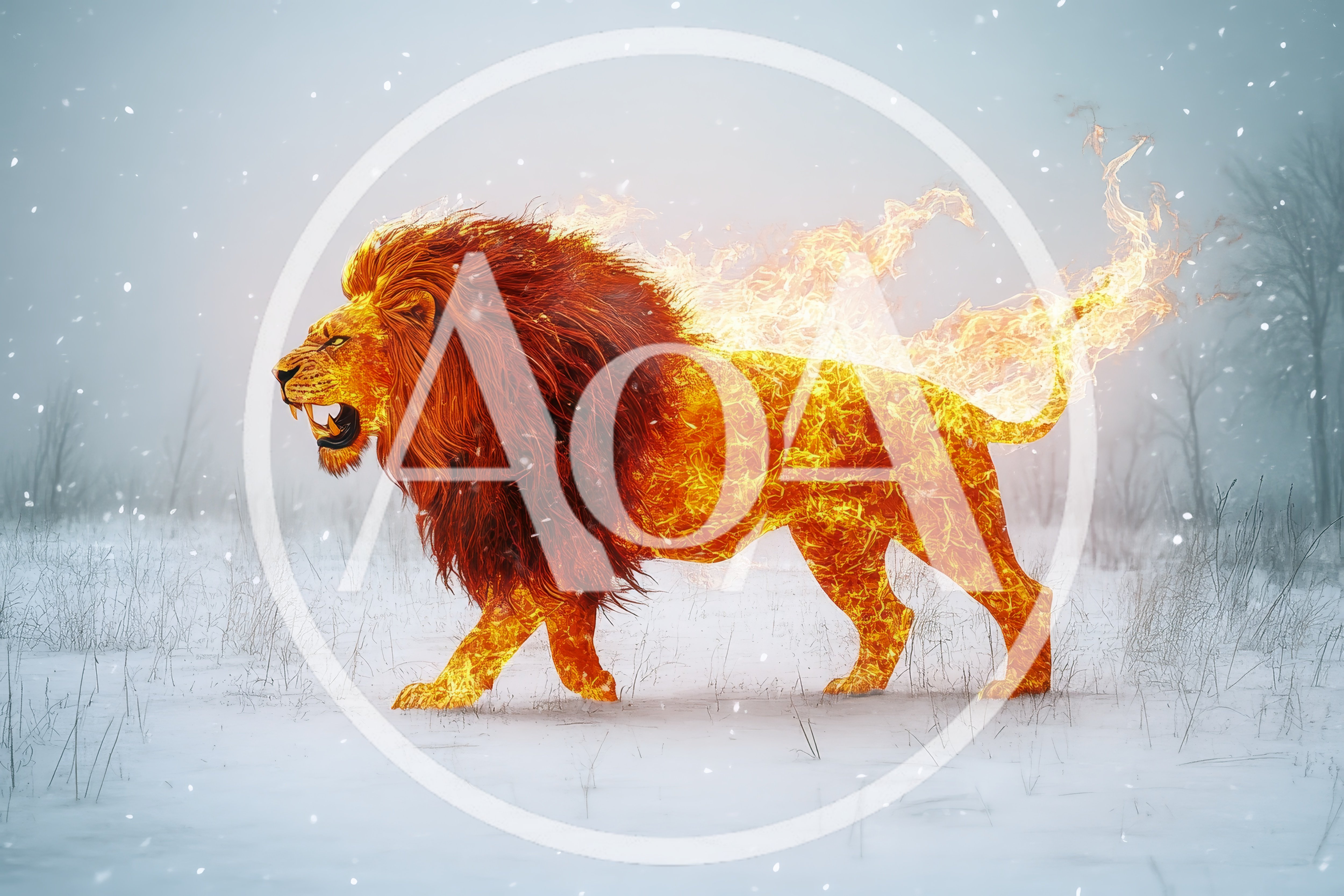 Fiery Lion Walking Through A Snowy Landscape
