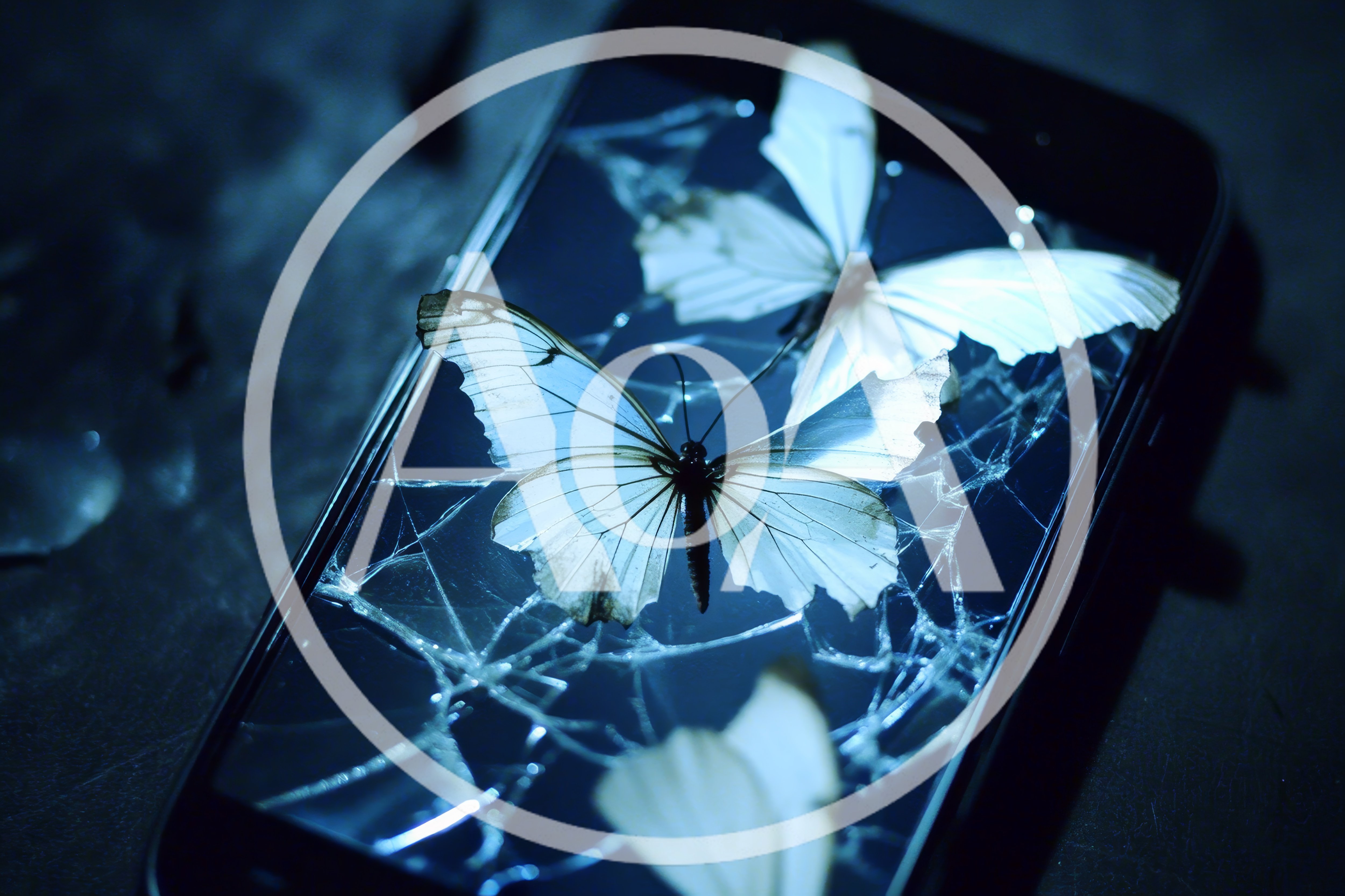 White Butterflies Resting On A Cracked Smartphone Screen