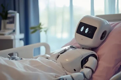Futuristic Robot Patient Resting In Hospital Bed
