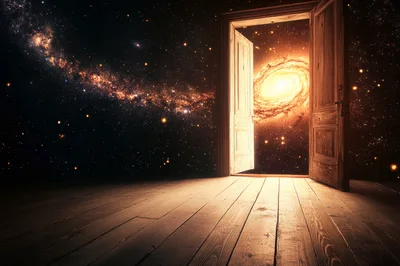 Open Wooden Door Leading To A Glowing Spiral Galaxy