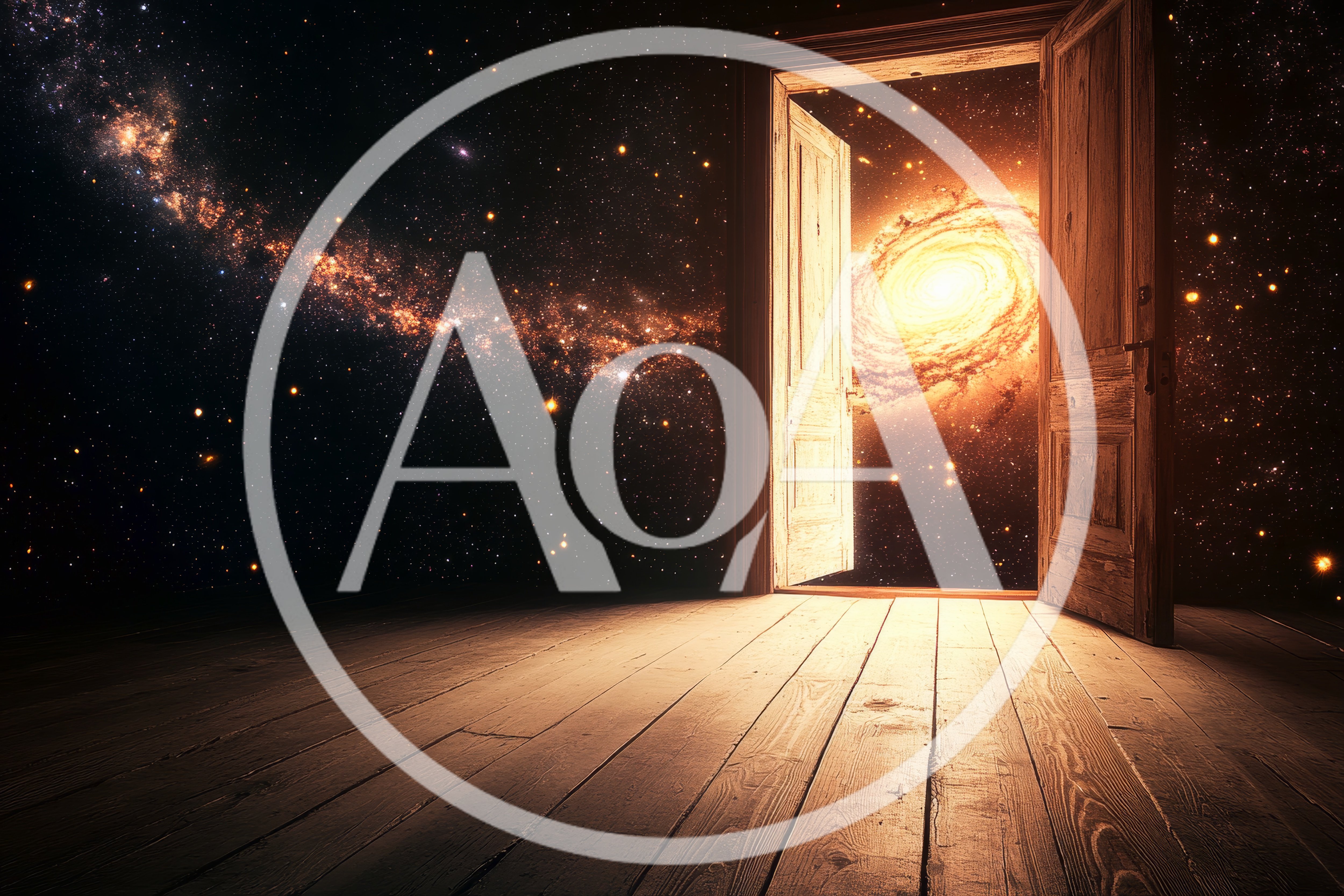 Open Wooden Door Leading To A Glowing Spiral Galaxy