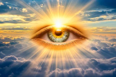 Giant Human Eye Floating Above Clouds With Sun Rays