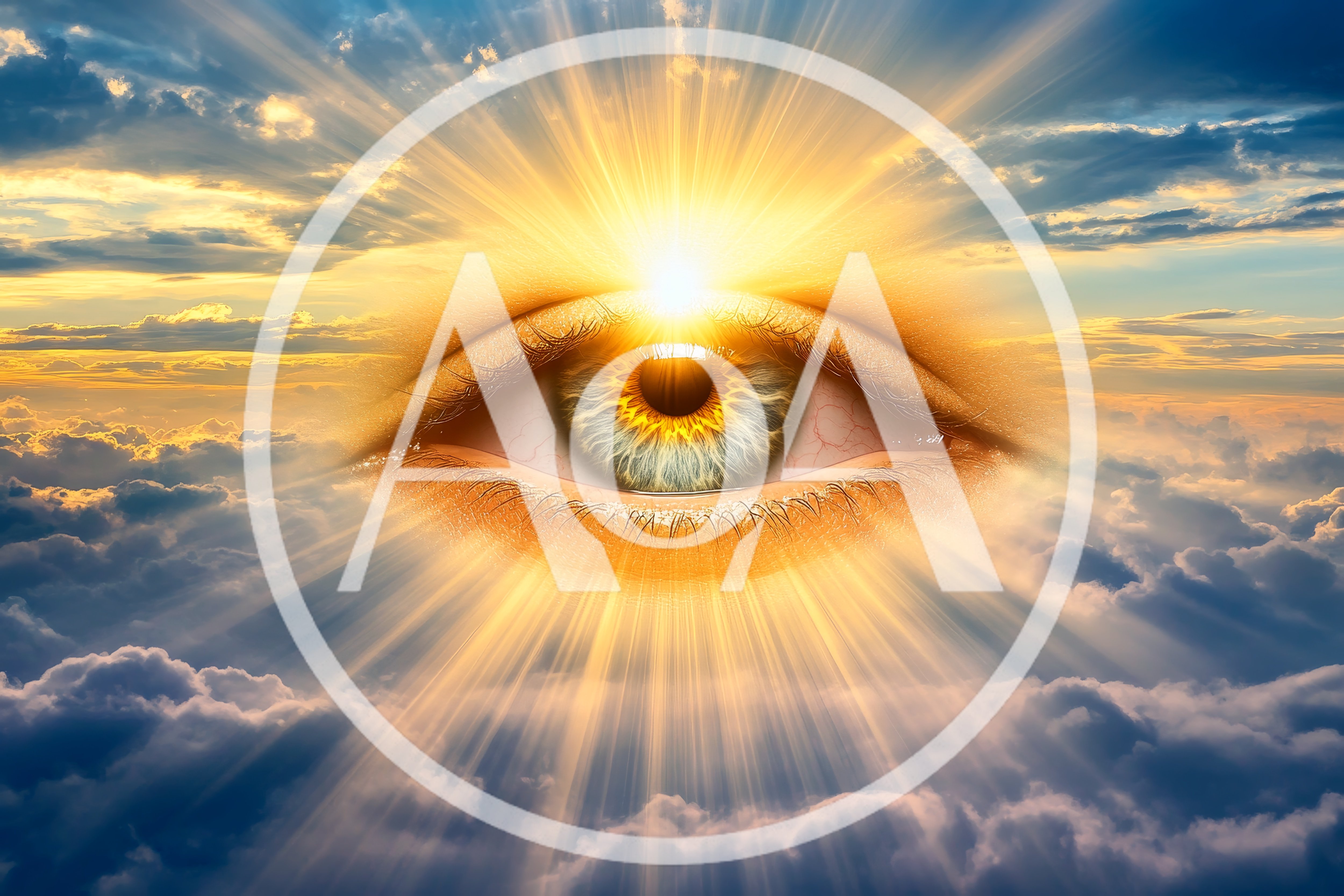 Giant Human Eye Floating Above Clouds With Sun Rays