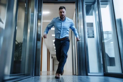 Stressed Businessman Running Out Of An Office Elevator
