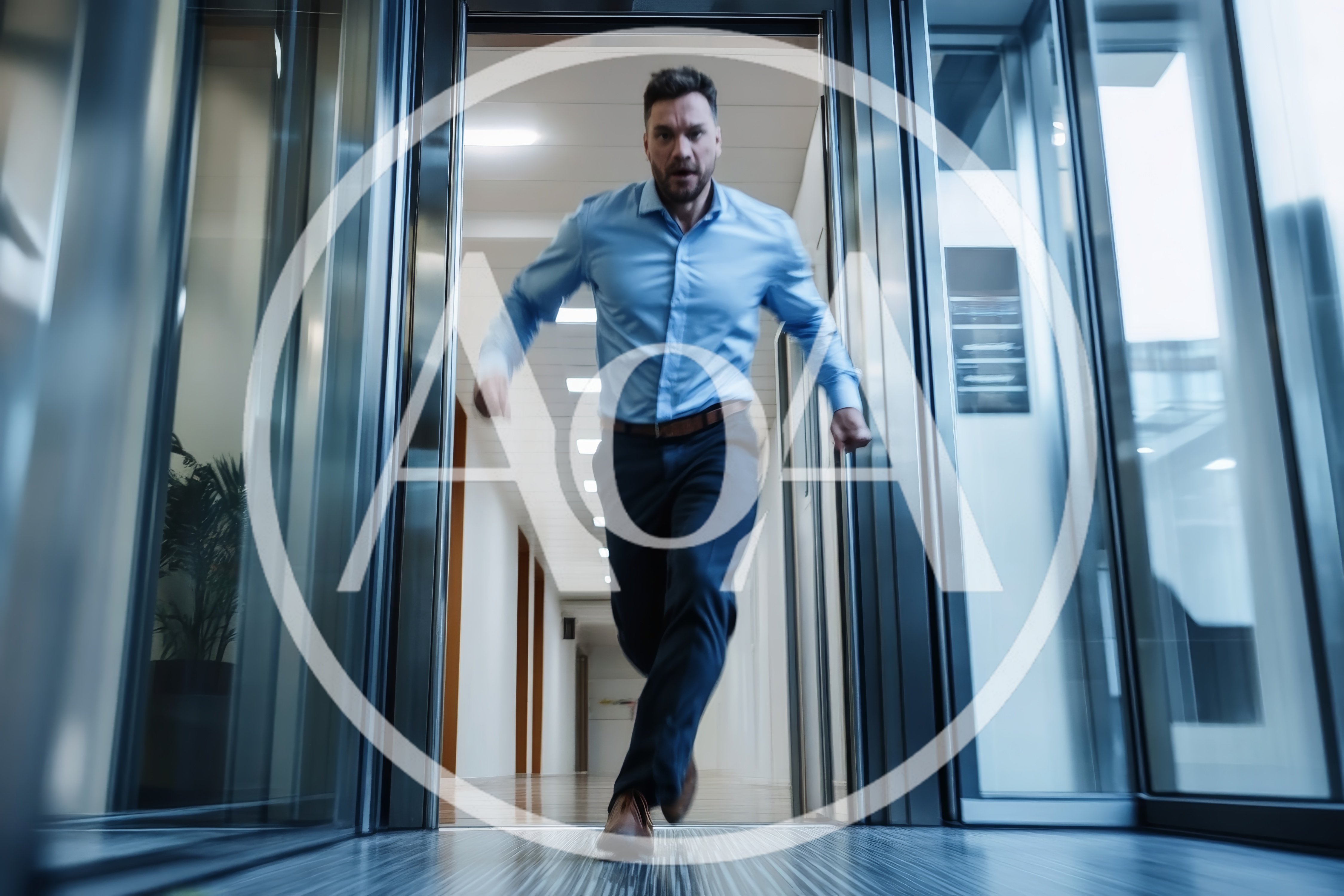 Stressed Businessman Running Out Of An Office Elevator