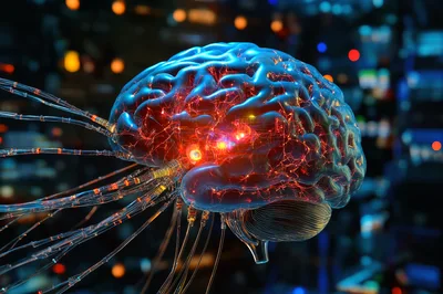 Digital Human Brain Connected To Fiber Optic Cables
