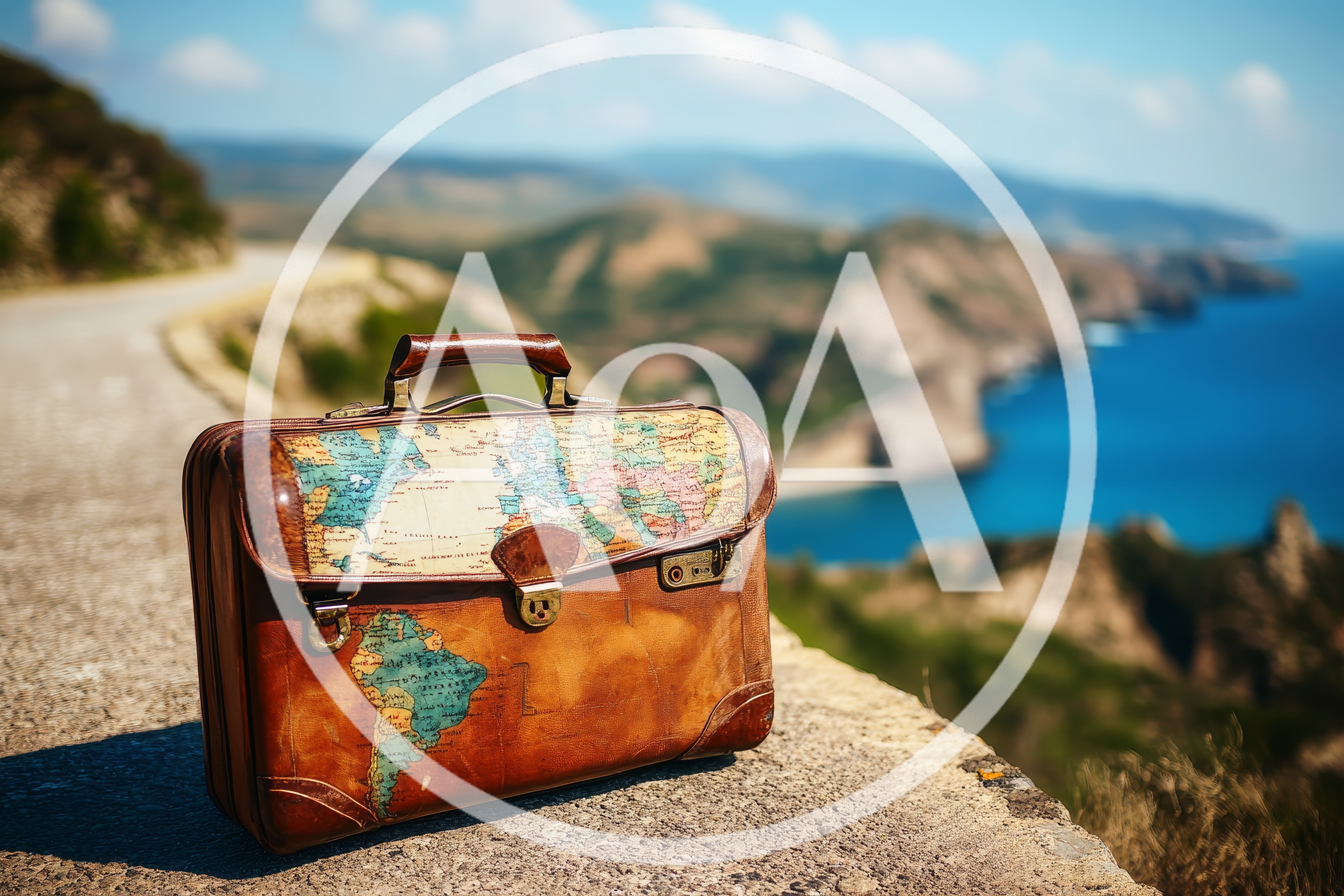 Vintage Map Suitcase On A Scenic Coastal Road