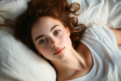 Young Woman With Red Hair Resting On White Bedding