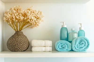 Bathroom Shelf With Spa Accessories And Towels