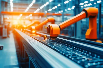 Automated Robotic Arms Operating On Industrial Assembly Line