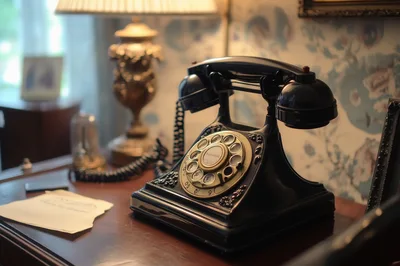 Vintage Black Rotary Telephone On A Wooden Desk