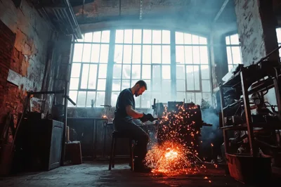 Metalworker Grinding Steel In A Dim Industrial Workshop