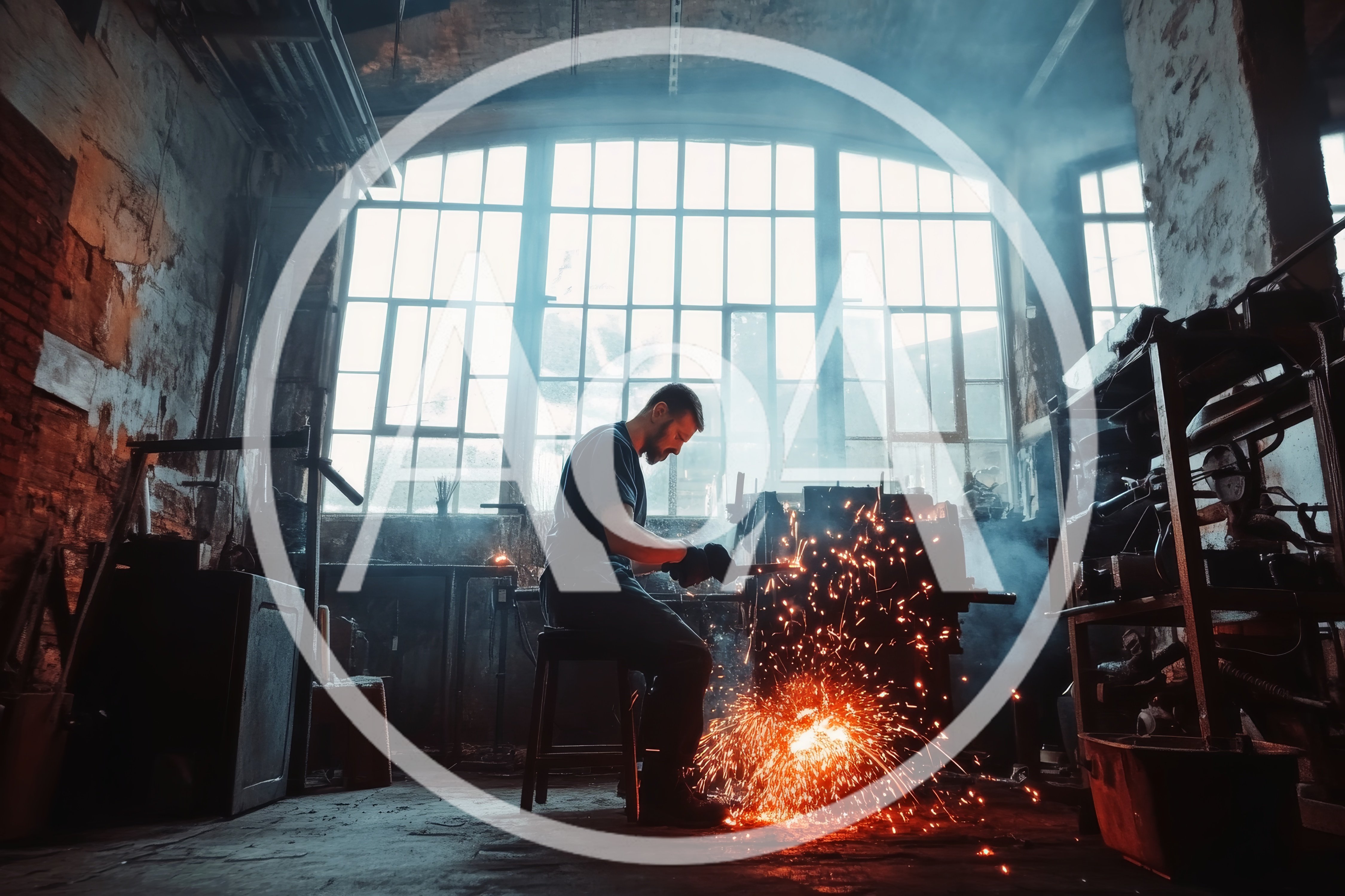 Metalworker Grinding Steel In A Dim Industrial Workshop