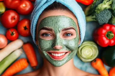 Woman With Green Face Mask Surrounded By Fresh Vegetables