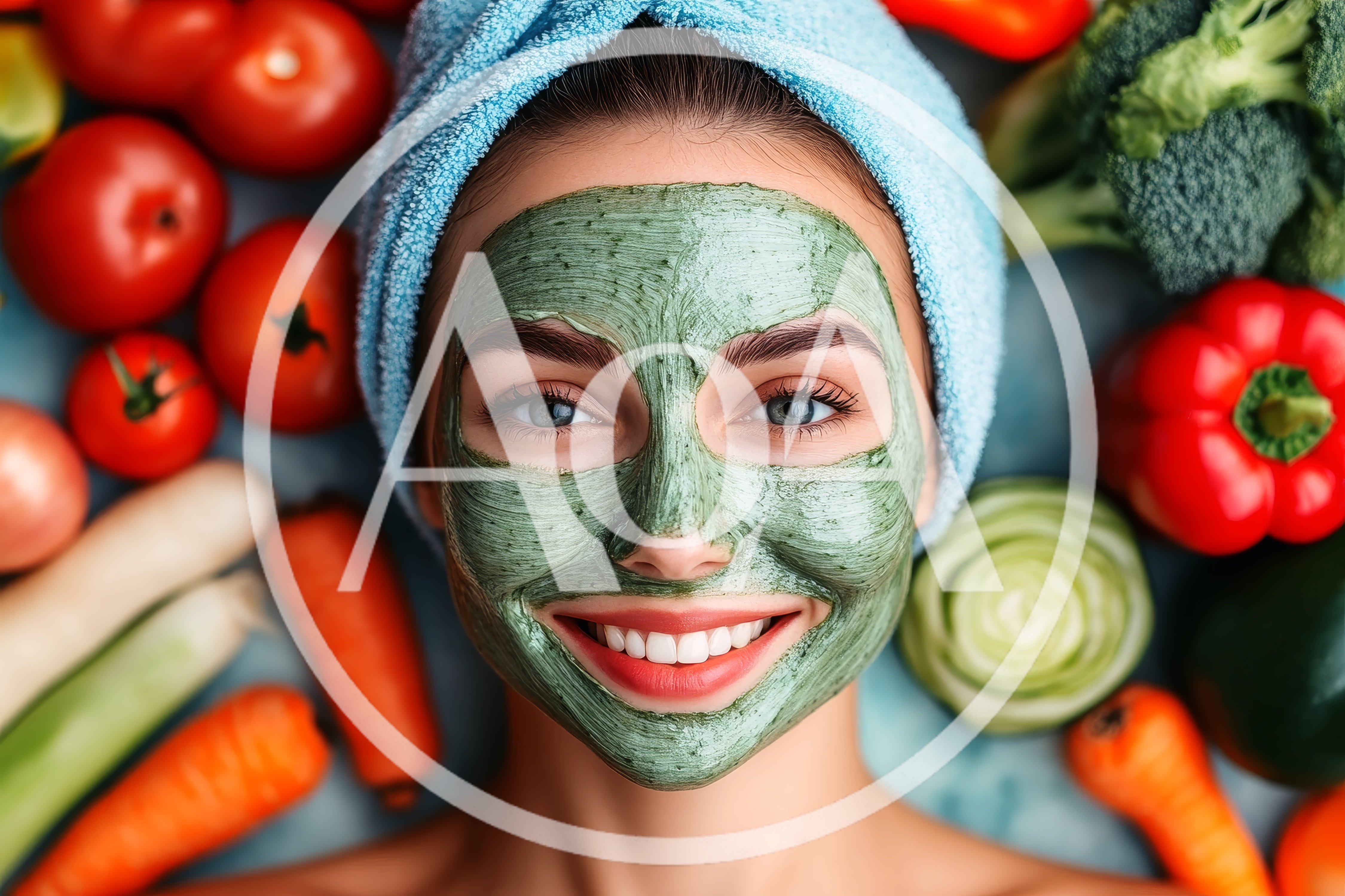 Woman With Green Face Mask Surrounded By Fresh Vegetables