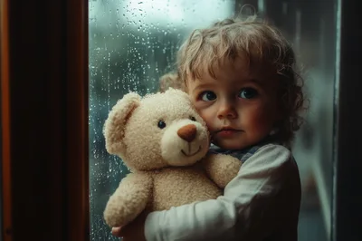 Toddler Holding Teddy Bear By Rainy Window
