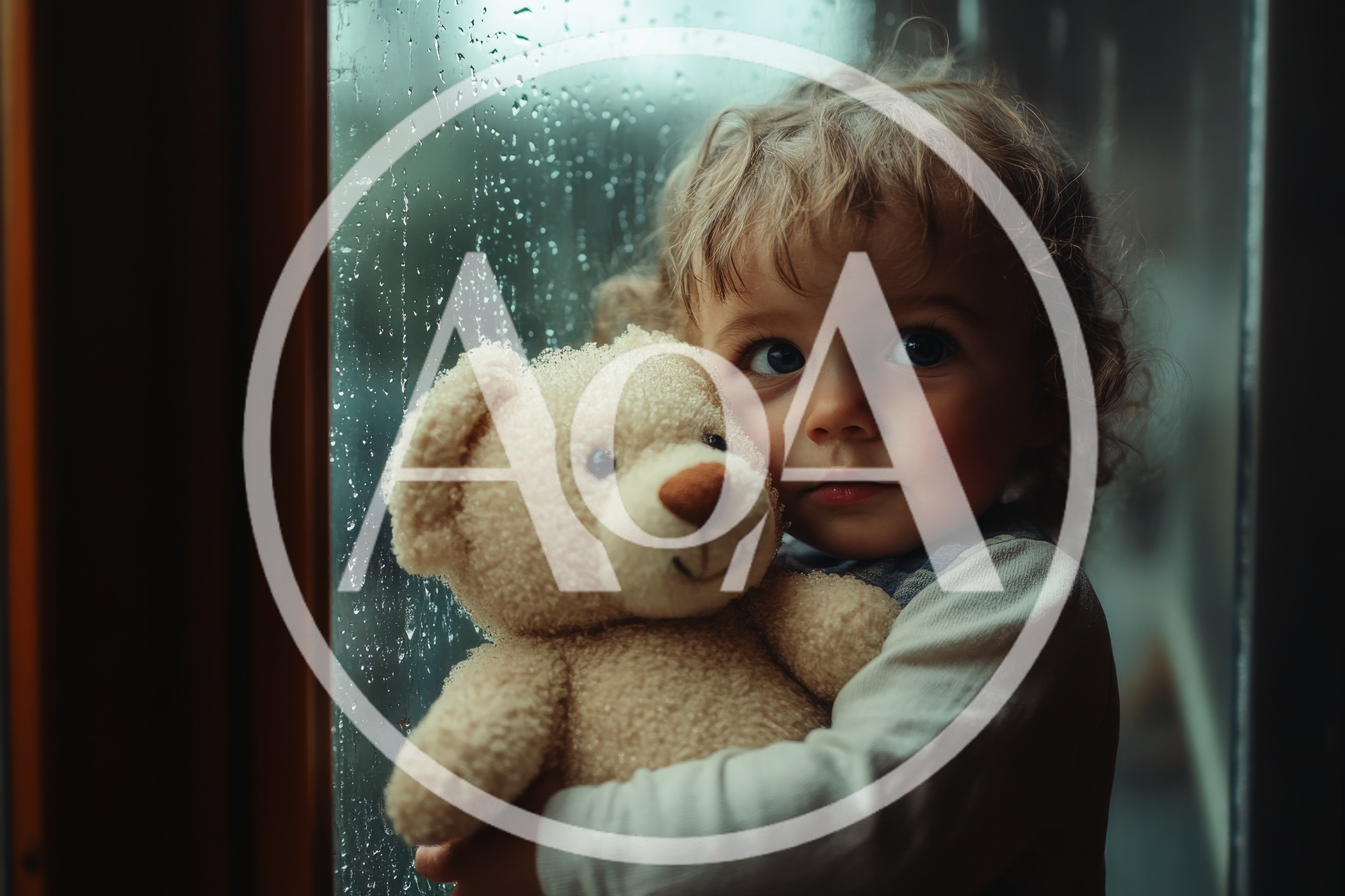 Toddler Holding Teddy Bear By Rainy Window